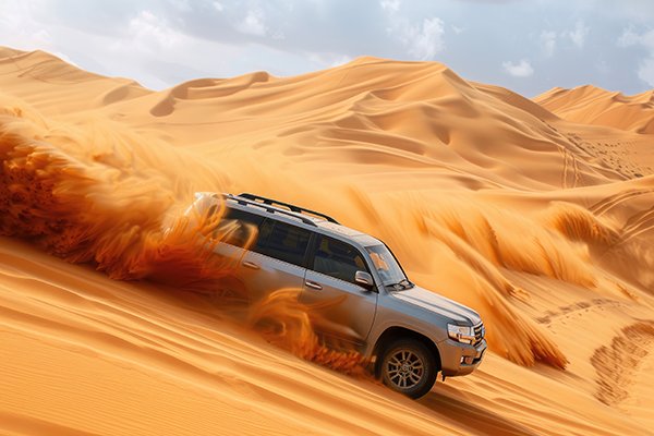 A powerful SUV performs a dynamic slide on the sandy desert dunes with dust clouds billowing around it