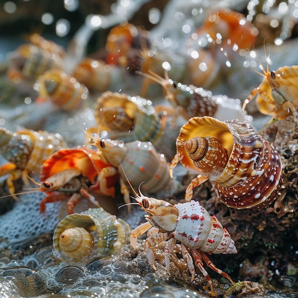 A group of hermit crabs on rocks Description automatically generated