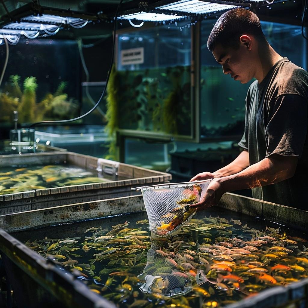 A person holding a bag of fish in a tank Description automatically generated