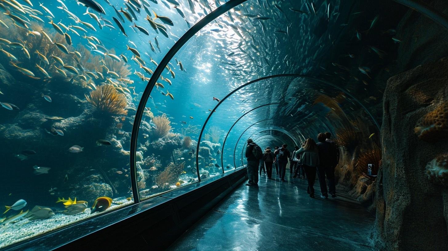 People walking through a tunnel with fish and corals Description automatically generated